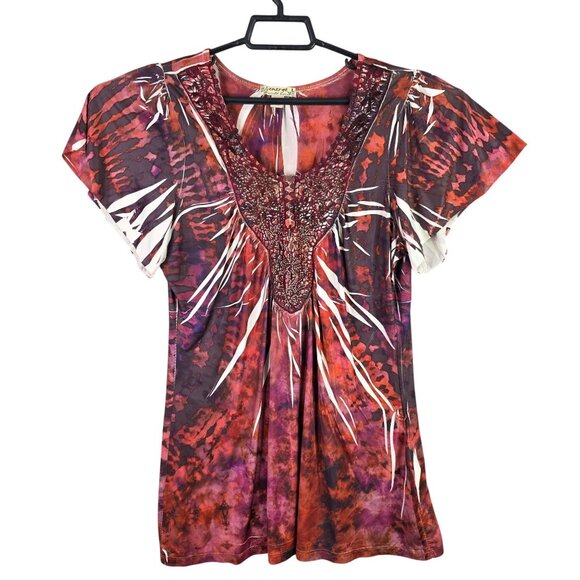 Womens Energe Red Tie Dye Top Short Sleeve Round Neck Polyester Stretch Size L - Picture 1 of 8